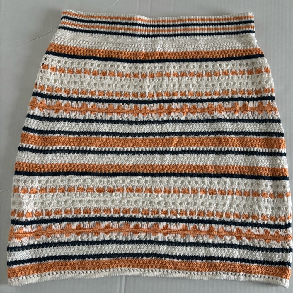Matty M Striped Crochet Pencil Skirt in White, Orange & Navy